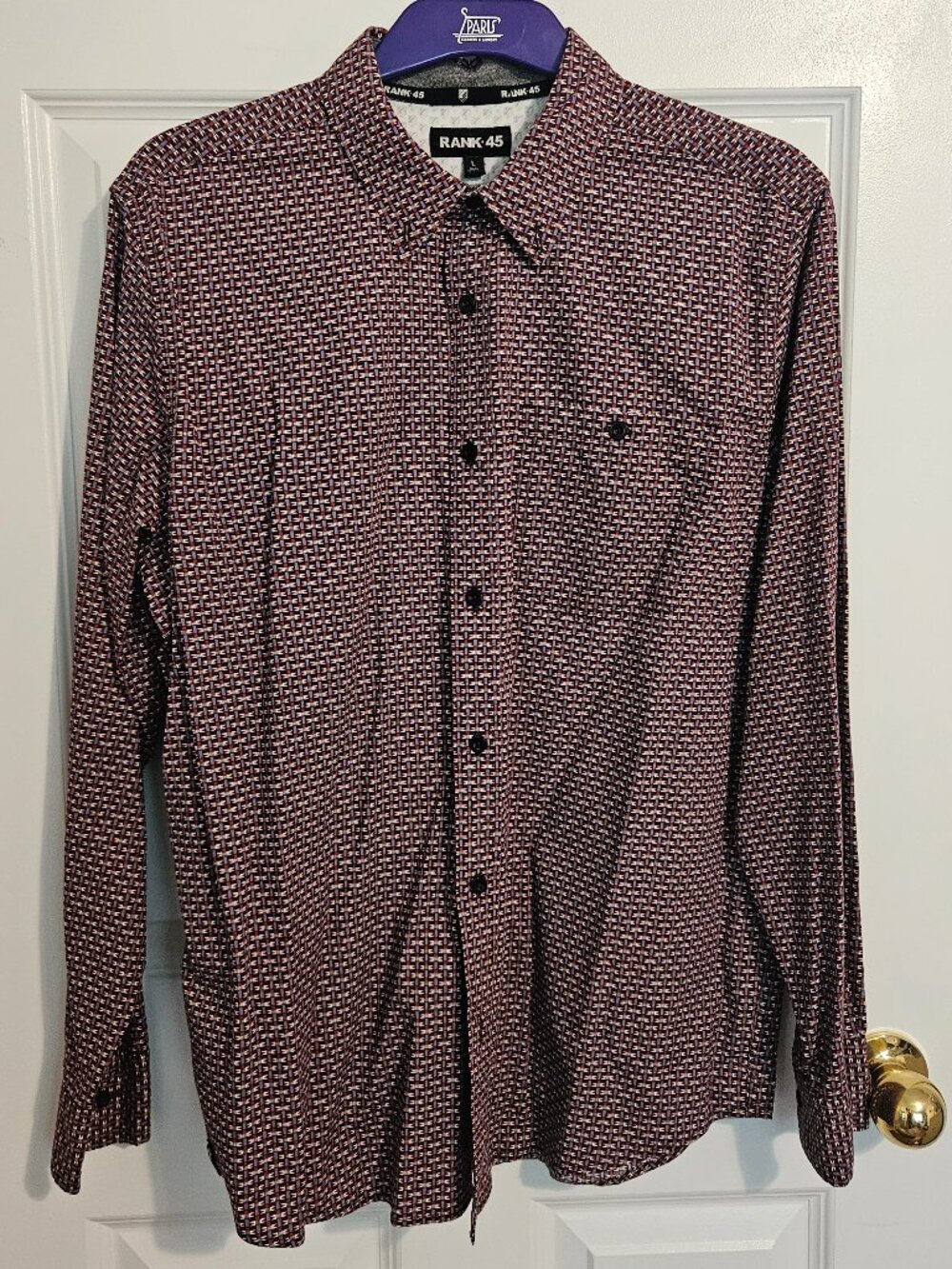Rank 45 Men's Large Geometric Print Button Front Shirt Burgundy Purple Black Cre